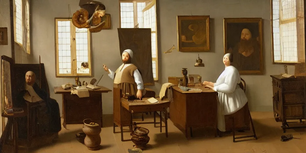 Prompt: An oil painting of a tall portly man at a desk examining an ammonite fossil in a room full of books and assorted wunderkammer, in the style of The Astronomer by Vermeer, Dutch Golden Age, Old Masters