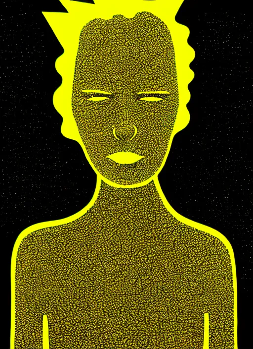 Prompt: highly detailed closeup portrait of wasteland long glowing yellow and white plasma hair tribal lady, stray electric spark wiring by jean jullien, 4 k resolution, gradient yellow, black and white color scheme!!! ( ( dystopian city background ) )