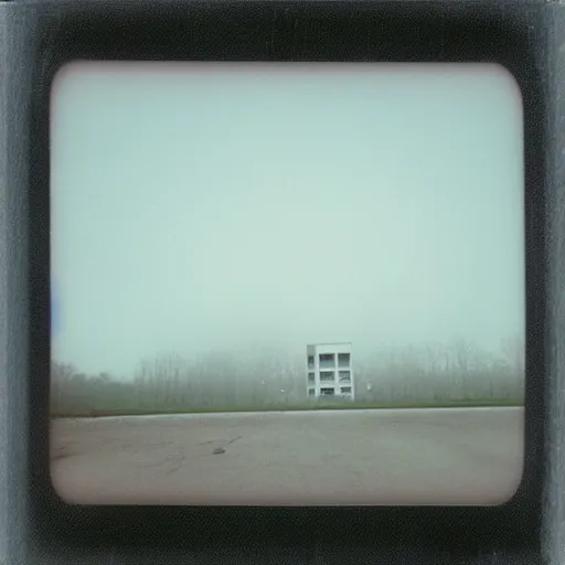 Image similar to impossibly large concrete structure in the distance, middle of nowhere, minimalist architecture, megalophobia, top obscured by fog, old polaroid, expired film,