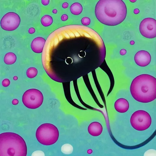Prompt: The Omnious Black Jellyfish, painting by Chiho Aoshima, Yoshitomo Nara, Huang Yuxing and Aya Takano , Superflat art movement, chibi, , very ethereal, , oil inks, very ethereal, silver light, nacre colors