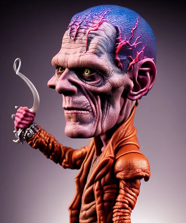 Image similar to hyperrealistic rendering, frankenstein, by art of skinner and richard corben and jeff easley, product photography, action figure, sofubi, studio lighting, colored gels