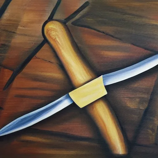 Prompt: painting of an axe on a large wooden table