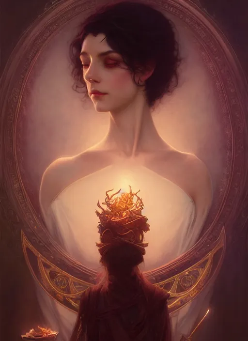 Image similar to beautiful magician, dark fantasy esoteric, D&D, fantasy, cinematic lighting, intricate, elegant, highly detailed, digital painting, artstation, concept art, matte, sharp focus, illustration, art by Artgerm and Tom Bagshaw and Greg Rutkowski and Alphonse Mucha