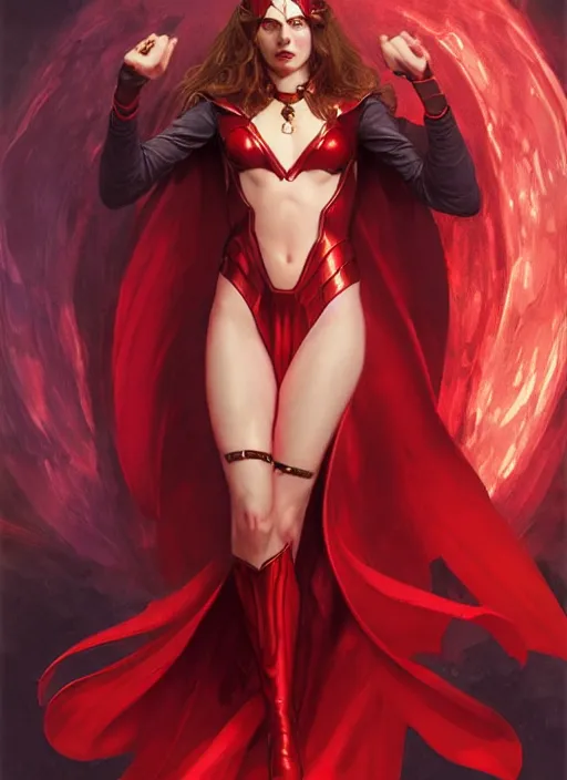 Image similar to Scarlet Witch as Lucifer morningstar, portrait, full body, hyper detailed, trending on artstation, art by wlop and J. C. Leyendecker and Edmund Bliar Leighton and Charlie Bowater