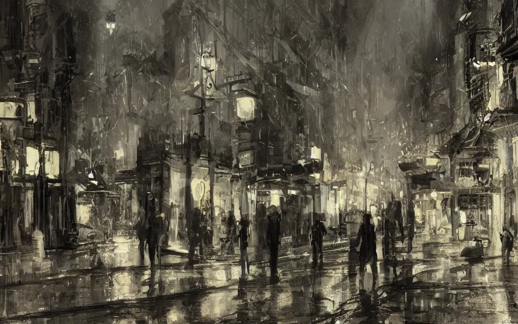 Image similar to concept art, dark wet london alley at night, by ashley wood, by roger deakins, in the style of syd mead atmospheric