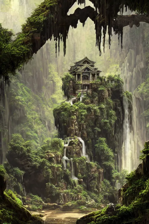 Image similar to carved into a Mountain a temple above a waterfall, arches adorned pillars, archways, gnarly trees, lush vegetation, forrest, a small stream runs beneath the waterfall, landscape, raphael lacoste, eddie mendoza, alex ross, concept art, matte painting, highly detailed, rule of thirds, dynamic lighting, cinematic, detailed, denoised, centerd