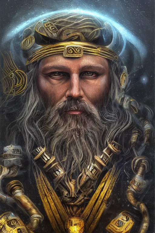Image similar to mythological viking odin all father Shaman of artificial intelligence creating an artificial neural network with thunder with yellow synapses on an anvil, high resolution, award winning art, trending on art station, sharp image, incredibly detailed, detailed character realistic painting