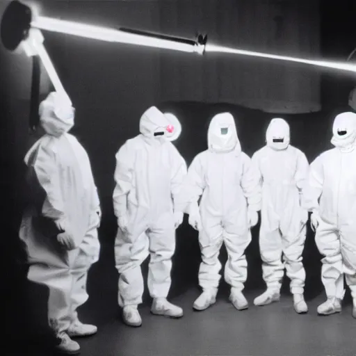 Prompt: a photo of men wearing hazmat suits, standing around a glowing machine, arriflex 3 5, film still