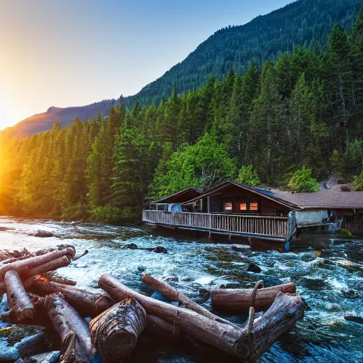 Image similar to DSLR still of a beautiful mountainside river with a pier and a log cabin at sunrise, 4k