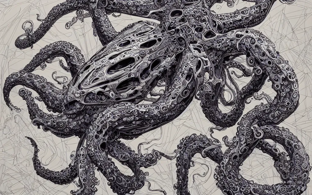 Image similar to biomechanical flying octopus, in the style of james jean and laurie greasley, dynamic composition, dramatic lighting, ultra detailed, nitro colors