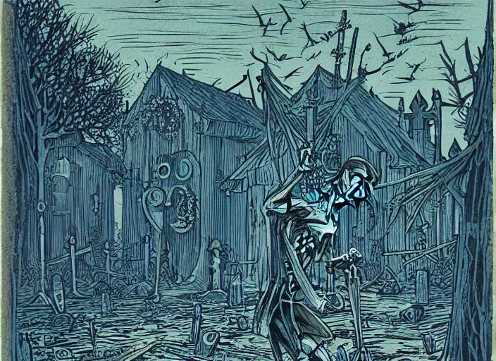 Image similar to blue woodcut print, cartoon halloween skeleton in graveyard at midnight by greg rutkowski, fine details, highly detailed