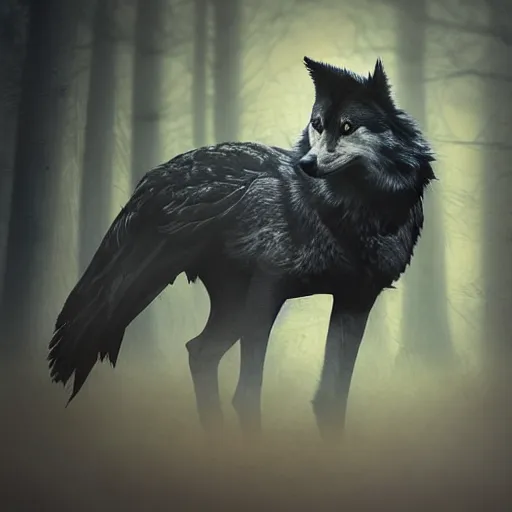 Prompt: mixture between an crow and! wolf, photograph captured in a dark forest, realistic