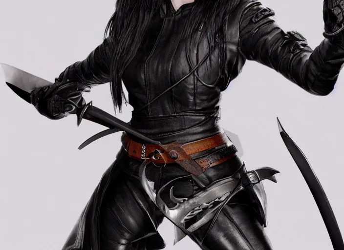 Image similar to black haired woman in a leather jacket, a sword fight, action pose, movie scene, highly detailed, intricate, face enhance, long sharp intricate sword, trending on artstation, action pose