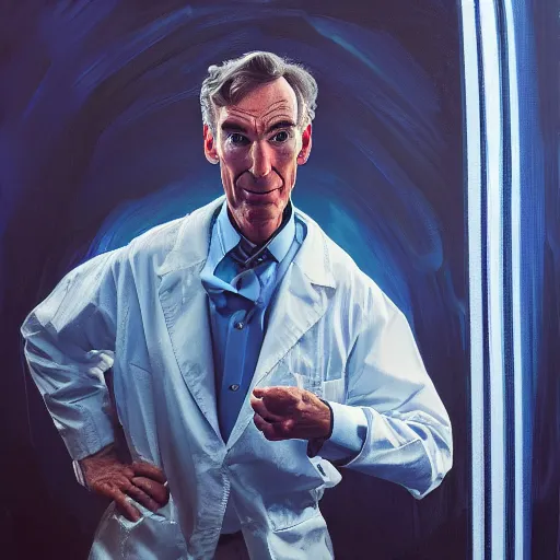 Image similar to a portrait of bill nye the science guy contemplating the universe, space, dramatic lighting and composition, blue, trending on artstation, concept art, comic book, chuck close, vittorio matteo corcos, john currin.