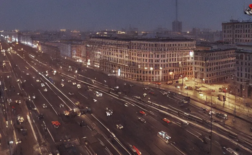 Image similar to high quality 2000s historic footage of soviet boulevard with stanilist style high rise and pedestrians, aerial photo drone, Cinestill 800t 18mm, heavy grainy picture, very detailed, high quality, 4k panoramic, billboards and streetlight at night, rain, mud, foggy