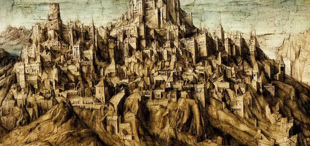 Prompt: Minas Tirith painted by Leonardo da Vinci