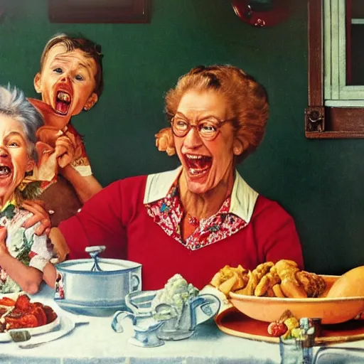 Prompt: hyper realistic hight detailed grandmother with a big mouth eating babies on the table in the russian kitchen, style by norman rockwell, bright colors, 4 k, 1 6 k, 3 2 k