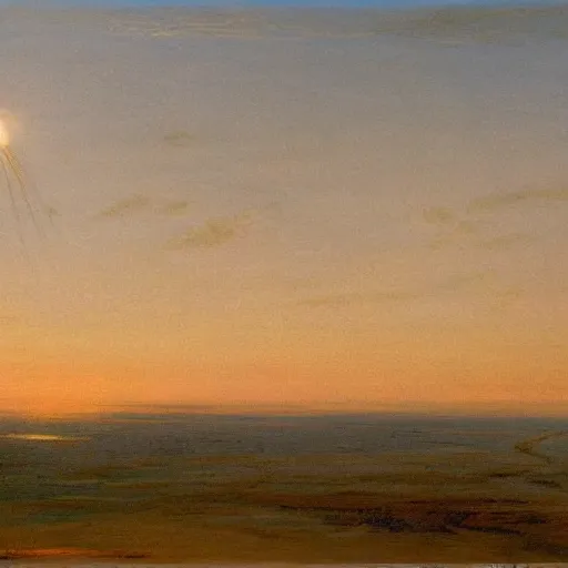 Prompt: rocket launching into the sky, sunrise, wispy clouds, pixiv, painting by Albert Edelfelt