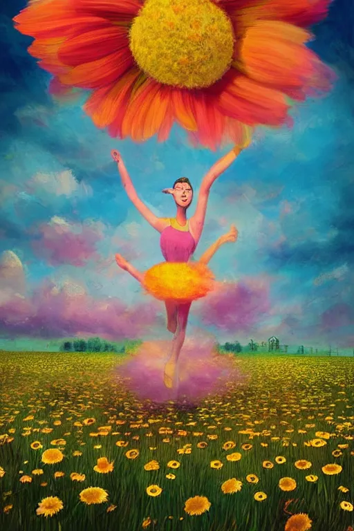 Prompt: giant daisy flower as head, girl dancing in a flower field, surreal photography, sunrise, dramatic light, impressionist painting, colorful clouds, digital painting, artstation, simon stalenhag, coherent