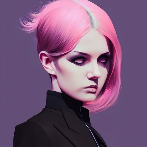 Prompt: young killer female in black jacket suit, muted colors, matte print, pastel colors, 2d, ultra highly detailed, smooth, sharp focus, digital art, digital painting, fan art, elegant, artstation, head is centered, by Ilya Kuvshinov