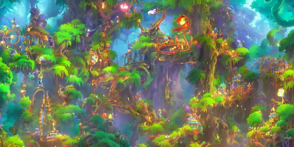 Image similar to amusement park in the style of ori and the blind forest. very detailed