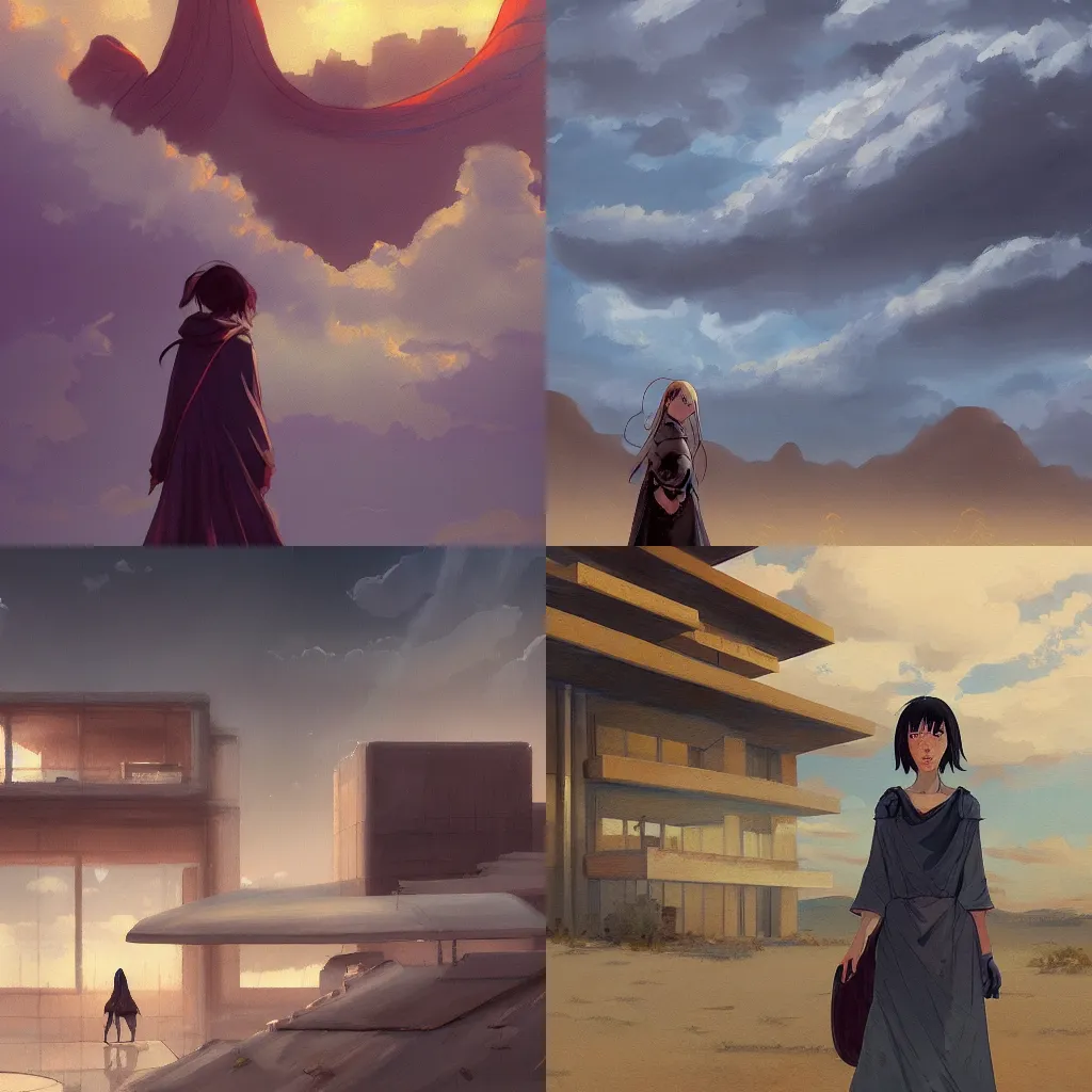 Prompt: A painting of a female mage in the desert with storm clouds and a brutalist architecture house in the background by makoto shinkai, hyperdetailed, artstation