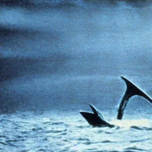 Image similar to still from jaws ( 1 9 7 5 ) showing an atomic bomb being used on the shark, still, color