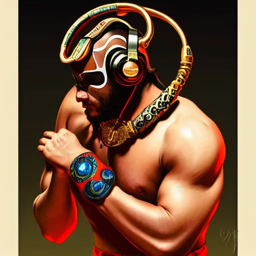 Prompt: portrait of lucha libre dj, muscular, headphones, thick golden ring around the neck, fantasy, intricate, elegant, highly detailed, digital painting, artstation, concept art, smooth, sharp focus, illustration, art by artgerm and greg rutkowski and alphonse mucha