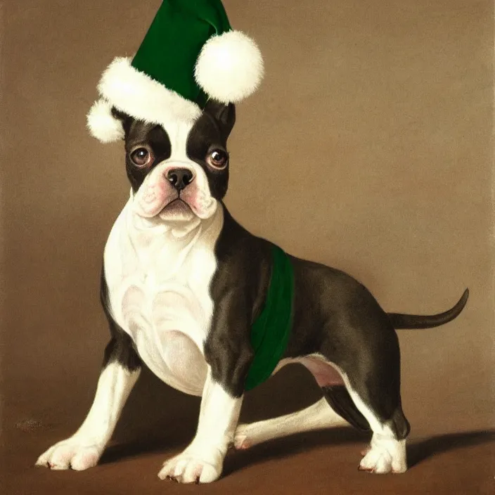 Image similar to cute boston terrier puppy wearing a christmas hat by george stubbs