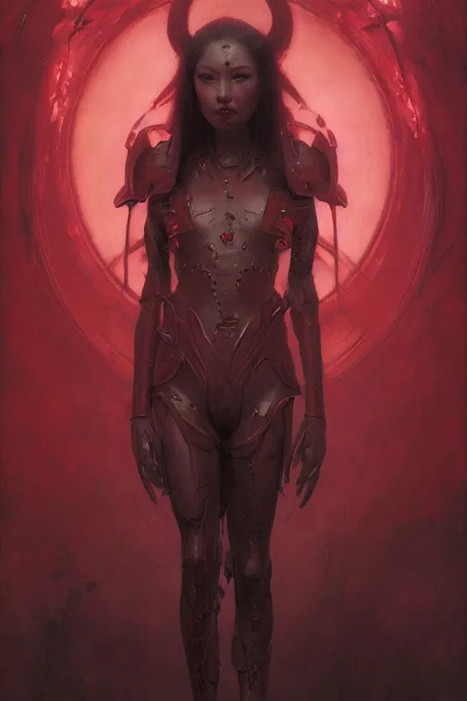 Image similar to Portrait of beautiful pale warhammer 40000 asian maiden in latex, dark fantasy, red light, artstation, painted by Wayne Barlowe and Greg Rutkowski and zdislav beksinski and Ruan Jia and Mandy Jurgens and Artgerm and william-adolphe bouguereau