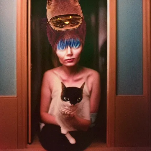 Prompt: alien with cat ears in soviet apartment, top secret style, realistic photo, cinestill 8 0 0 t, 1 9 7 0 s, color