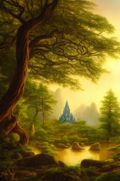 Image similar to fantasy landscape with elven temple in a forest, calm serene atmosphere, in the style of hudson river school