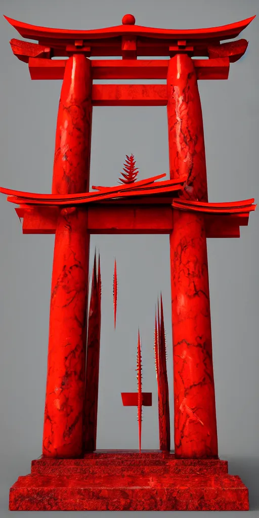 Image similar to 3 d render of a red torii gate sculpture, chrometype, made of liquid metal and marble, neotribal with thorns, japanese temple, raytraced, volumetric lightning, 8 k, by zhelong xu, ouchh and and innate studio