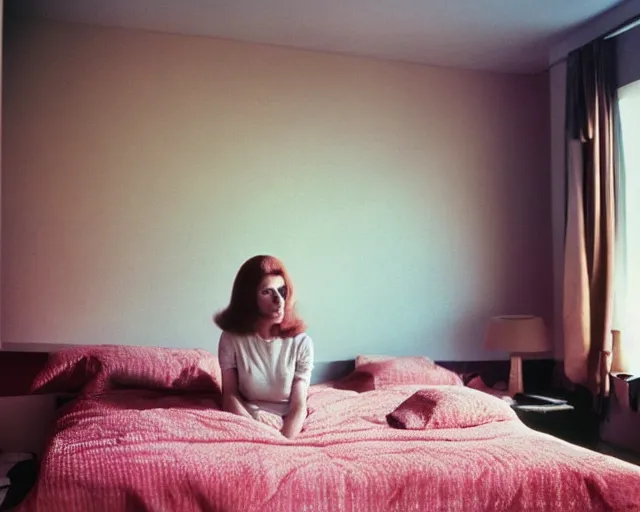 Image similar to a woman standing in a bedroom next to a bed, a colorized photo by Wilhelm Sasnal, tumblr, precisionism, 1970s, matte photo, provia