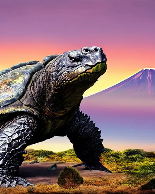 Prompt: photos of Gamera, the giant Turtle kaiju monster with an erupting Mount Fuji in the background, shot in the style of National Geographic, atmospheric, Japan, hyperreal