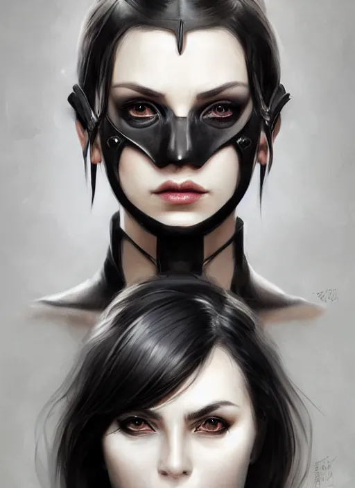 Prompt: cool and bored looking lady with small horns in black leather mask, artistic portrait, beautiful eyes and nose and lips, art by artgerm and greg rutkowski and magali villeneuve, highly detailed, digital painting, trending on artstation, concept art, sharp focus, illustration