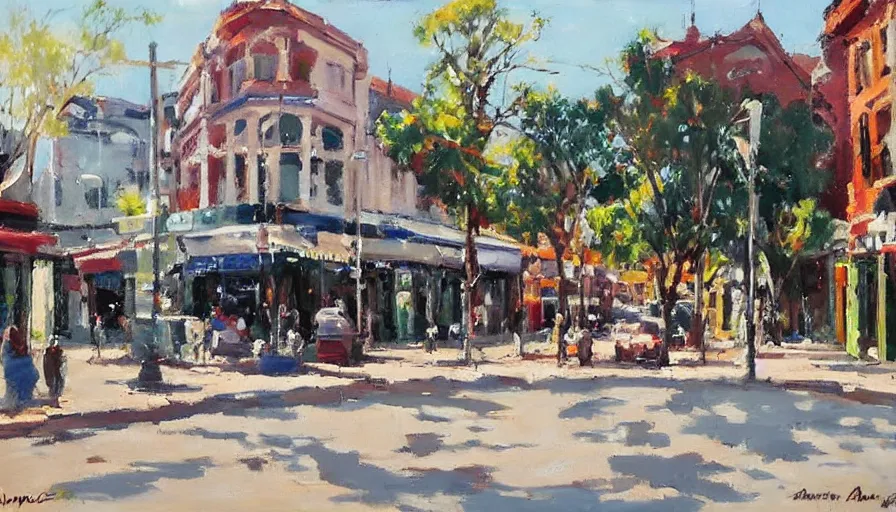 Image similar to painting by antoine blanchard of the main street in taree nsw australia