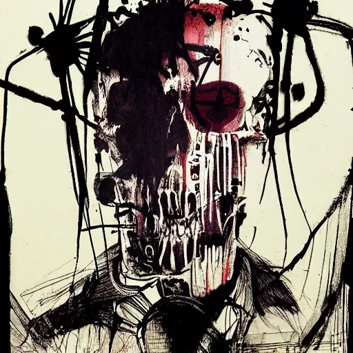 Prompt: Graphic Illustration, Creative Design, Skull, techwear, Cyberpunk, Portrait, Character Design, graffiti, by Ralph Steadman, Francis Bacon, Hunter S Thompson