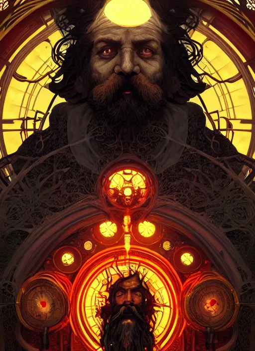 Image similar to the god hephaestus, old man, fiery hair, glowing eyes, volumetric lights, yellow and red scheme, art nouveau botanicals, gothic, intricate, highly detailed, digital painting, artstation, concept art, smooth, sharp focus, symmetric face, illustration, steampunk, art by artgerm and greg rutkowski and alphonse mucha