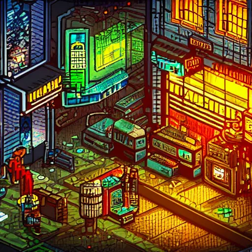 Image similar to fantastic lighting, pixel art, high detail , 16 bits, cyberpunk market, 2d