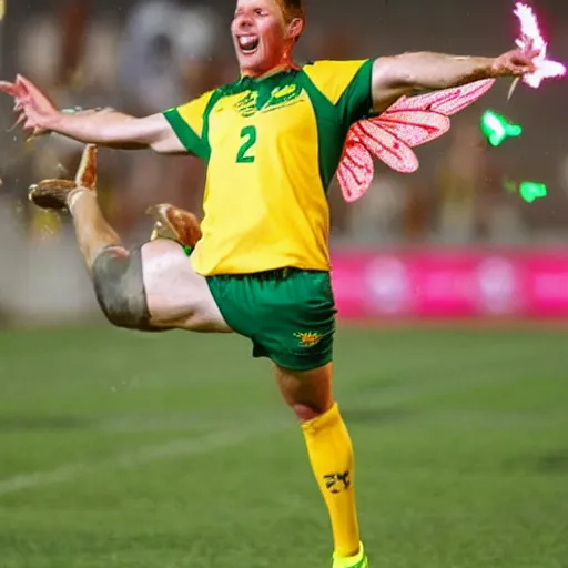 Prompt: australian football player lyndon dykes with fairy wings, scoring a goal, ball is on fire