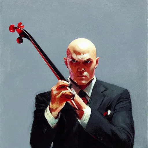 Image similar to agent 4 7 from hitman playing a violin, by gregory manchess, james gurney, james jean