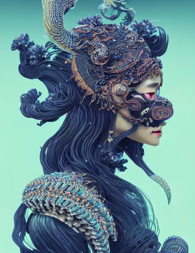 Image similar to 3 d goddess close - up profile portrait ram skull. beautiful intricately detailed japanese crow kitsune mask and clasical japanese kimono. betta fish, jellyfish phoenix, bio luminescent, plasma, ice, water, wind, creature, artwork by tooth wu and wlop and beeple and greg rutkowski