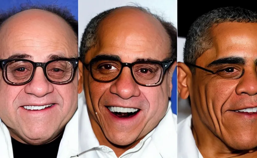 Image similar to before and after photos of danny devito undergoing obamification surgery to look more like obama.