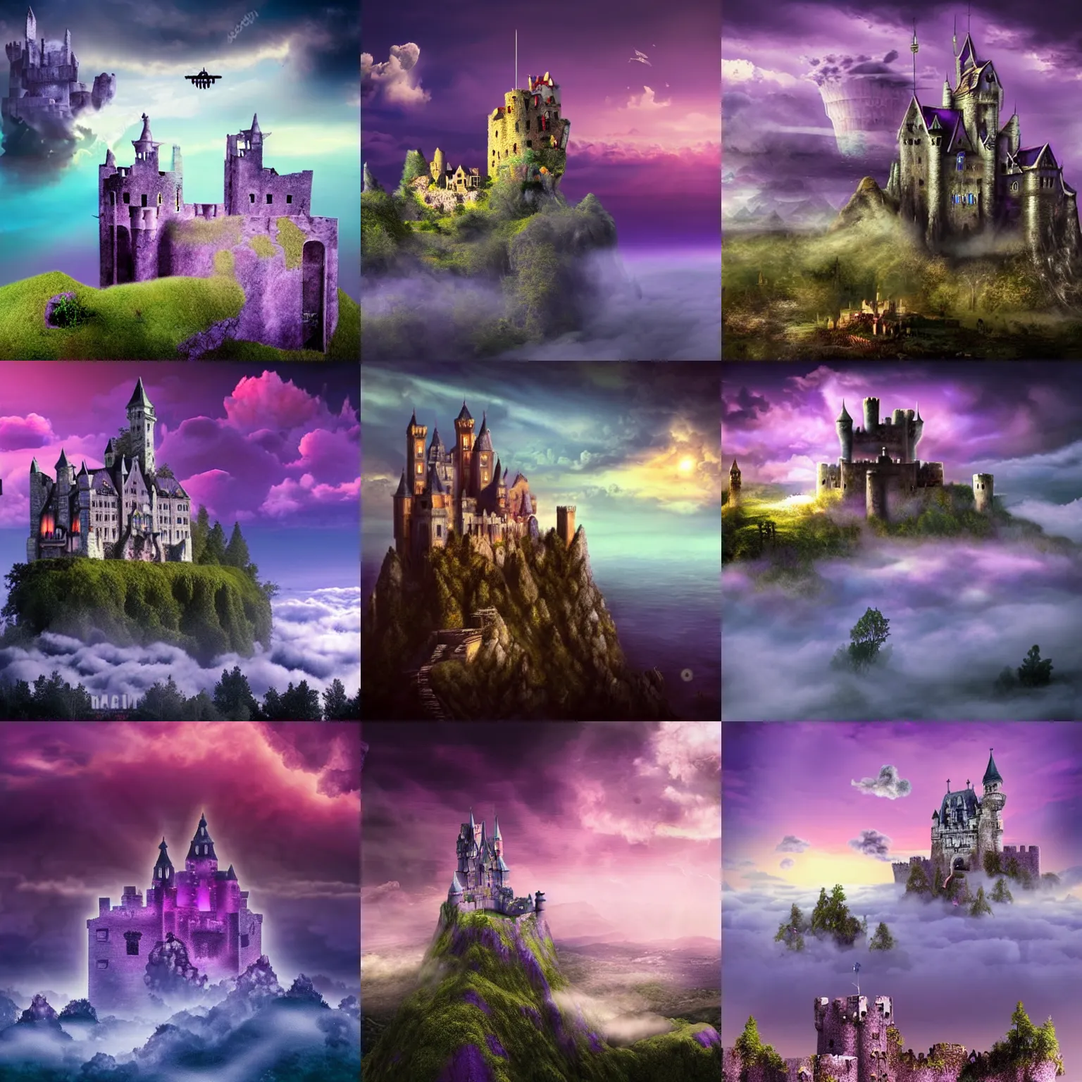Prompt: castle in ruins floating above the clouds, godrays, voluptuous clouds, purple mystical sky, epic, photorealistic, very vibrant, etheral