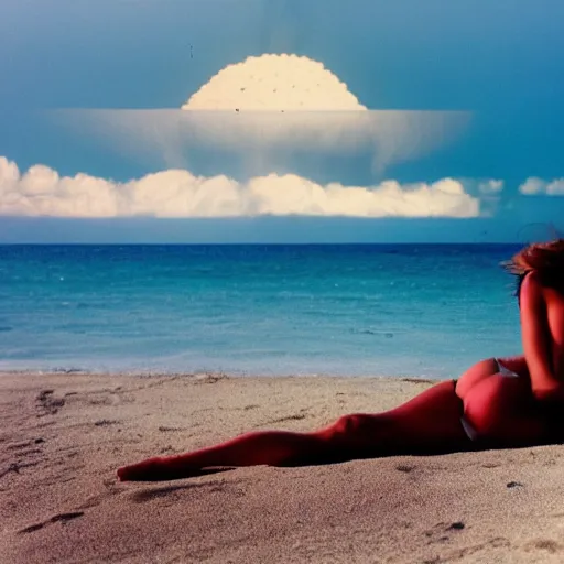 Prompt: pretty woman sunbathing on the beach with a nuclear explosion in the background