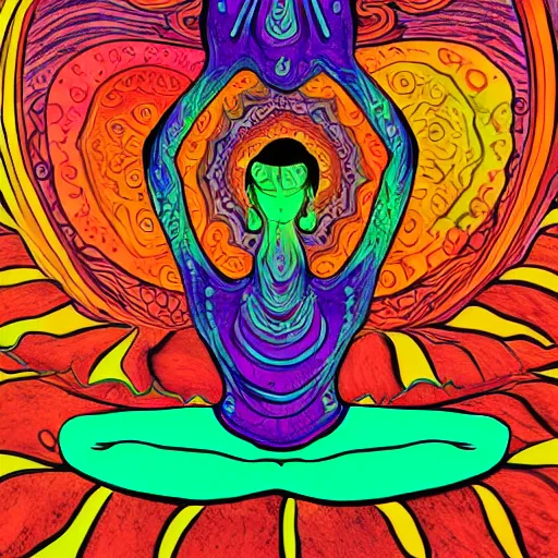 Image similar to a psychedelic illustration of my lehrman doing yoga, medium long brown orange hair, green eyes, round face, thin eyebrows, modern art, purple, pink, green, yellow, orange, dramatic, intricate, detailed, art by famous artist