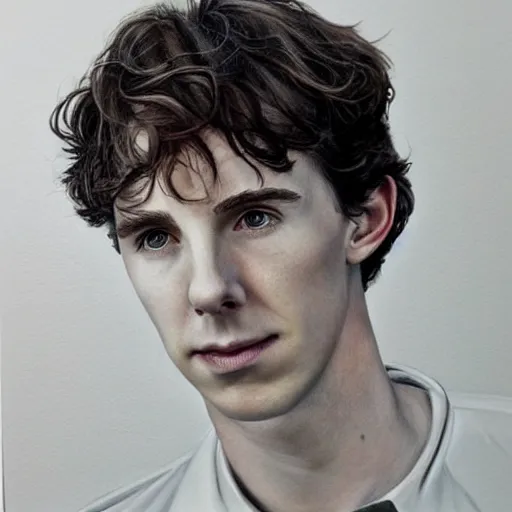 Prompt: portrait of a hybrid of benedict cumberbatch and freddie highmore and timothee chalamet in black shirt with red suspenders, photo realistic, highly detailed, perfect face, art by edward robert hughes, henry justice ford