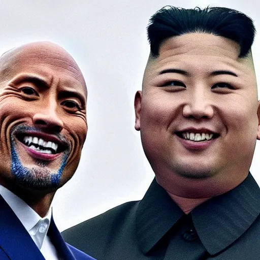 Image similar to dwayne johnson and kim jong - un, pyongyang background, selfie, phone quality,