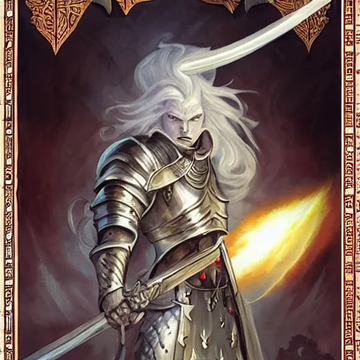 Image similar to albino knight with long white hair and black armor, sword and sorcery, dungeons and dragons, book cover, in the style of peter mohrbacher and nick brummer